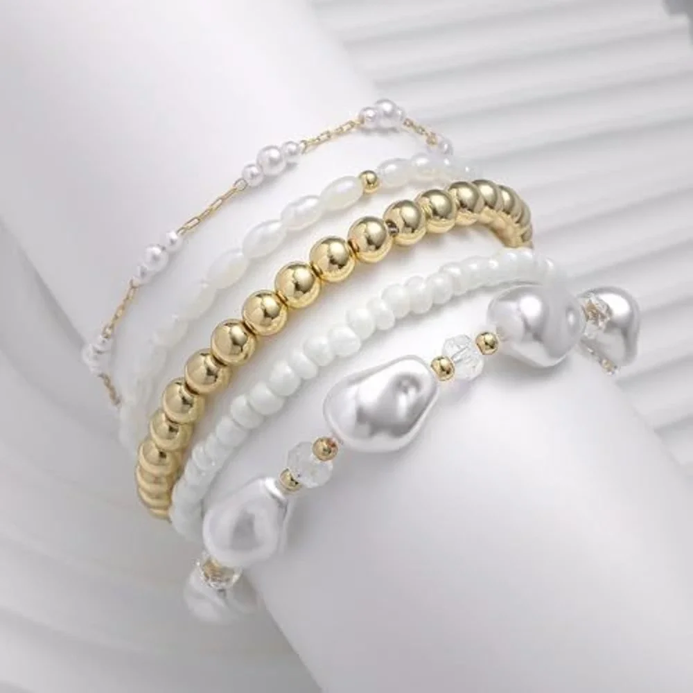 5 Piece Gold‎ White Pearl Beaded Bracelet Set Stackable Layered Jewelry Boho